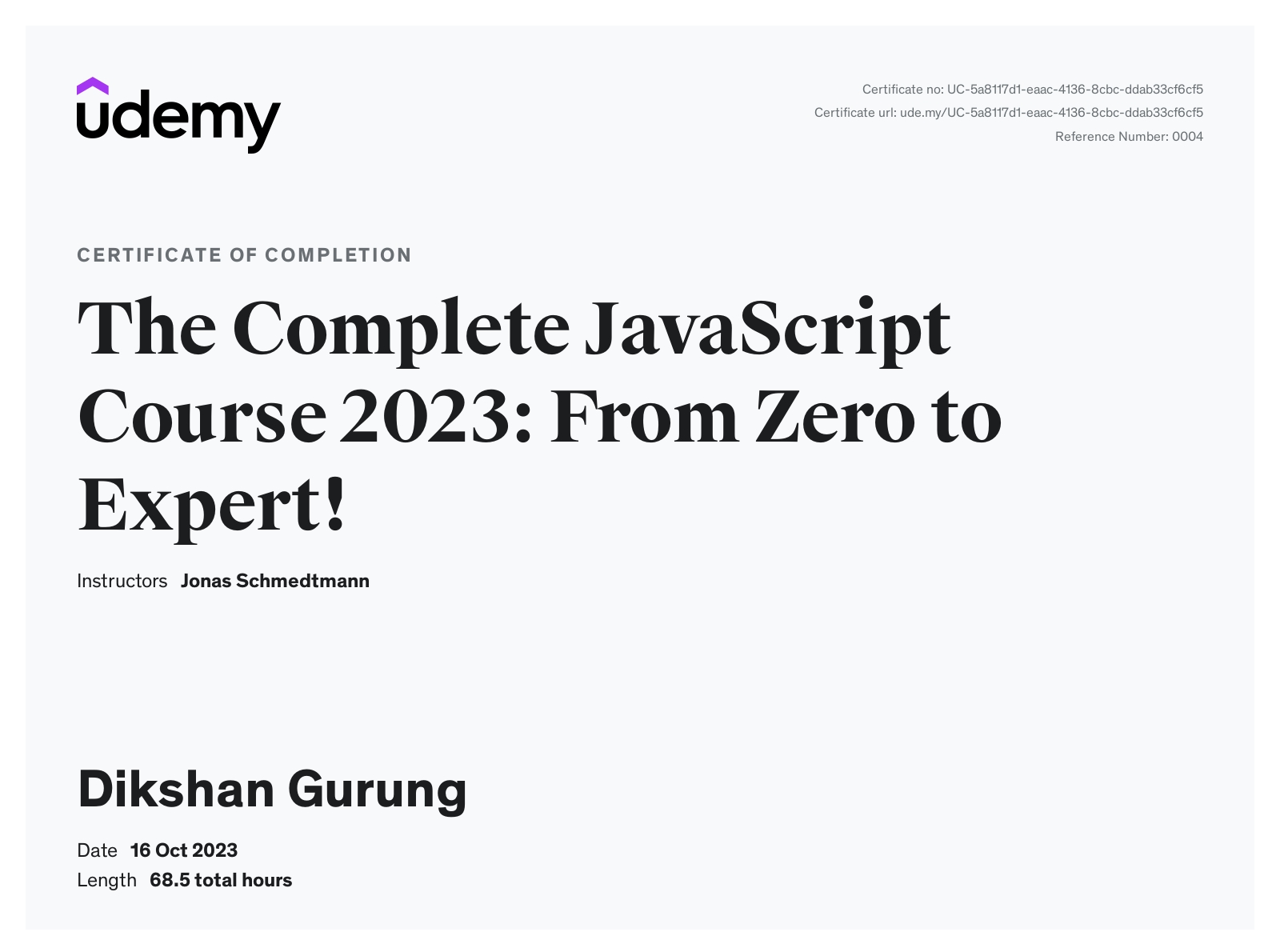 Complete JavaScript Course Certificate