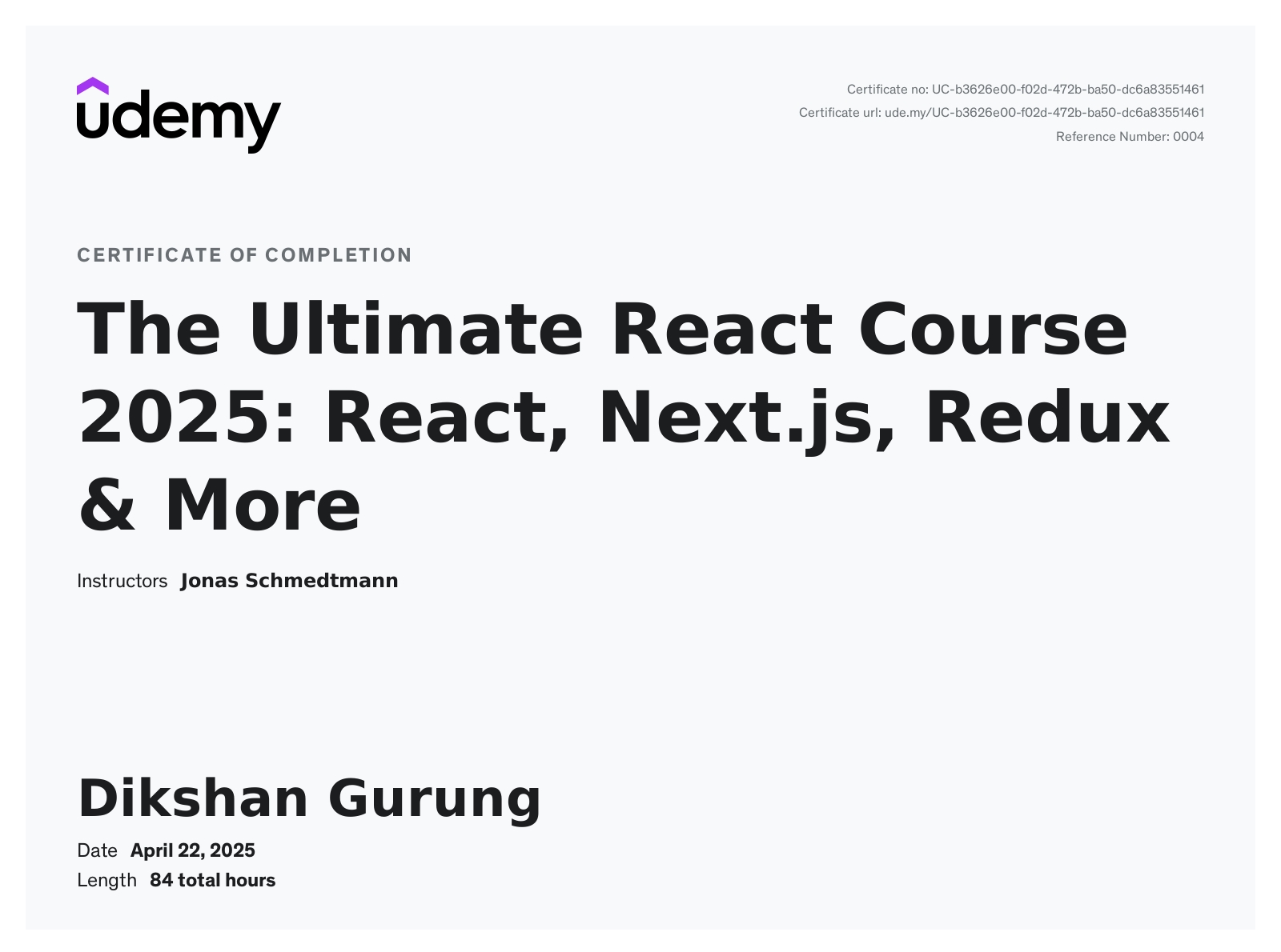 Ultimate React Course 2025 Certificate